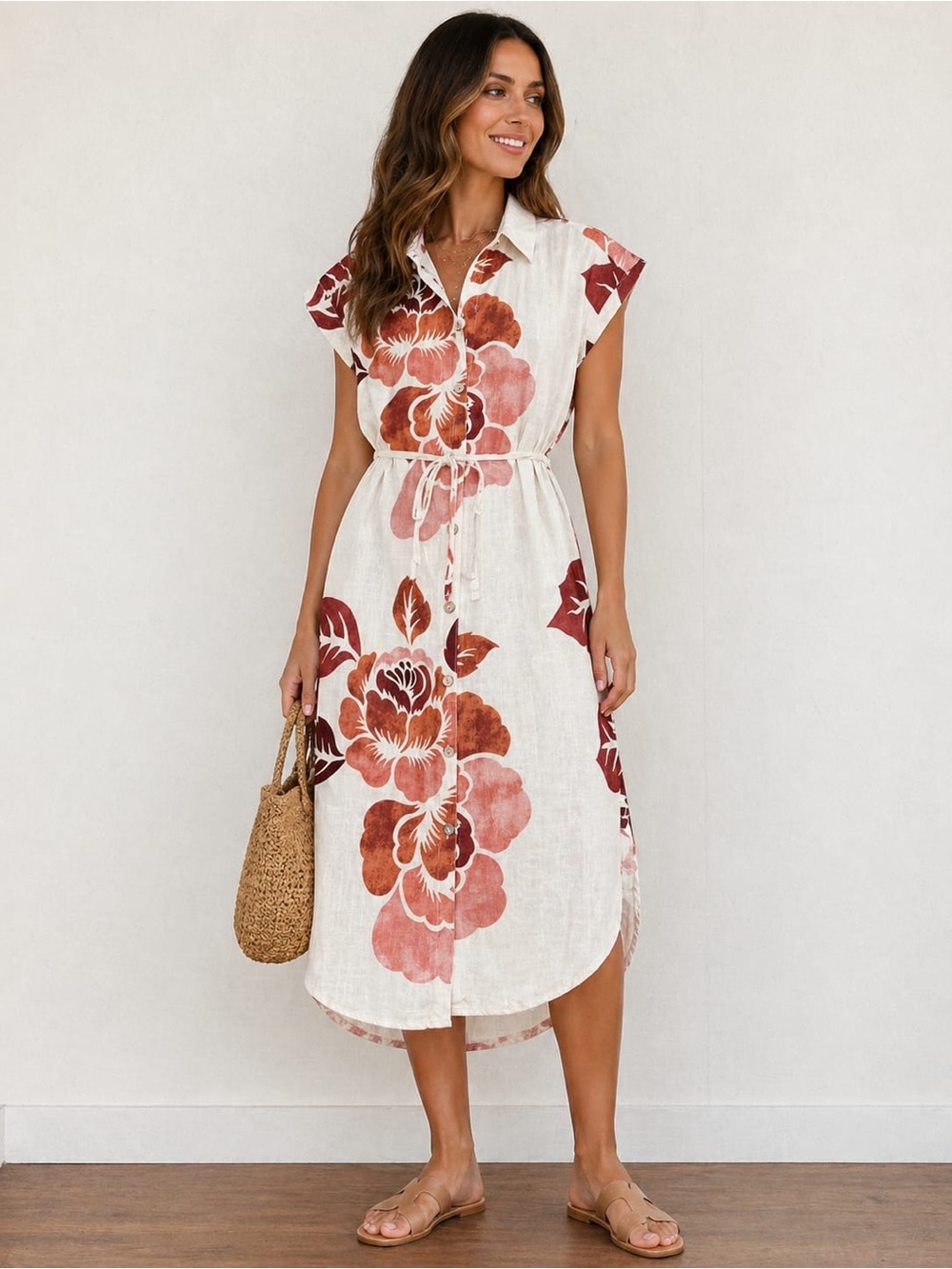 Mlle Gabrielle White Midi Dress with Rust Floral Print